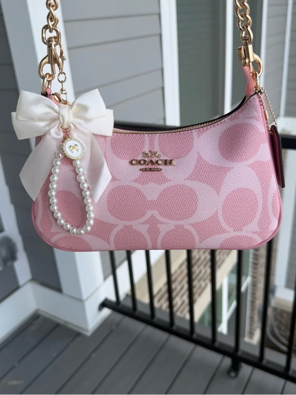 Coach Pink Signature Shoulder Bag with Bow Charm - Picture 2 of 6